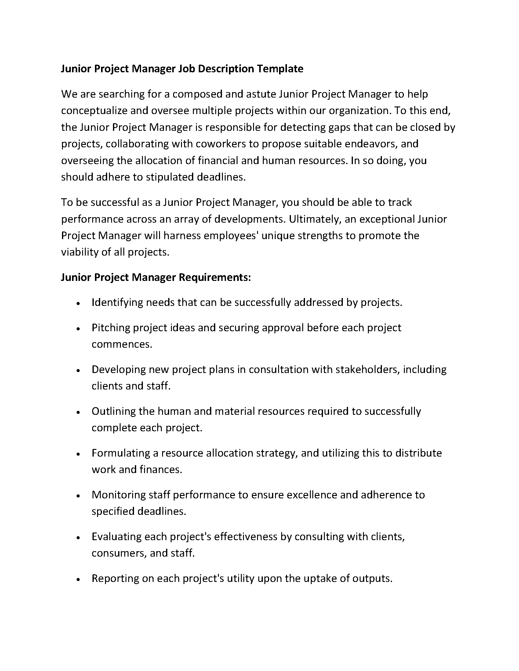 Junior Project Manager Job Description Template
